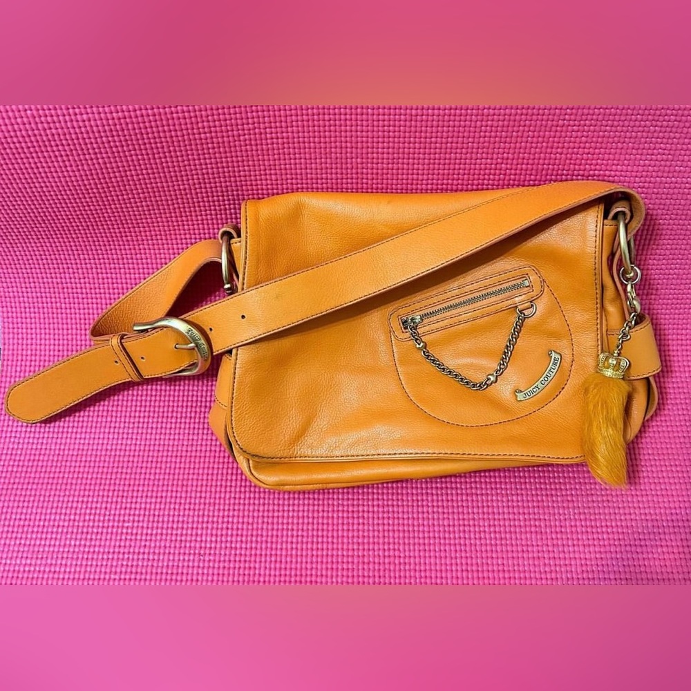 Tangerine Leather Vintage Juicy Messenger Bag with Rabbit Fur Keychain
